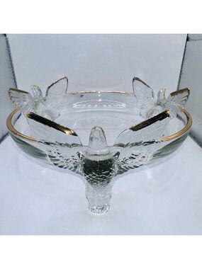 Vintage Jeanette Glass Three Eagle Bird Footed Bowl Candy Dish Gold Trim 7" MCM